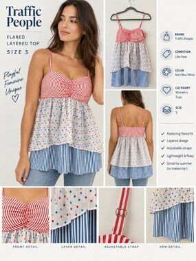 Traffic People Blue Red Floral Empire Waist Flared Top S